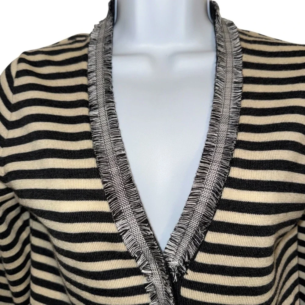 J. CREW‎ Harlow Wool Tan & Black Striped Fringe Trim Lightweight Cardigan Small
